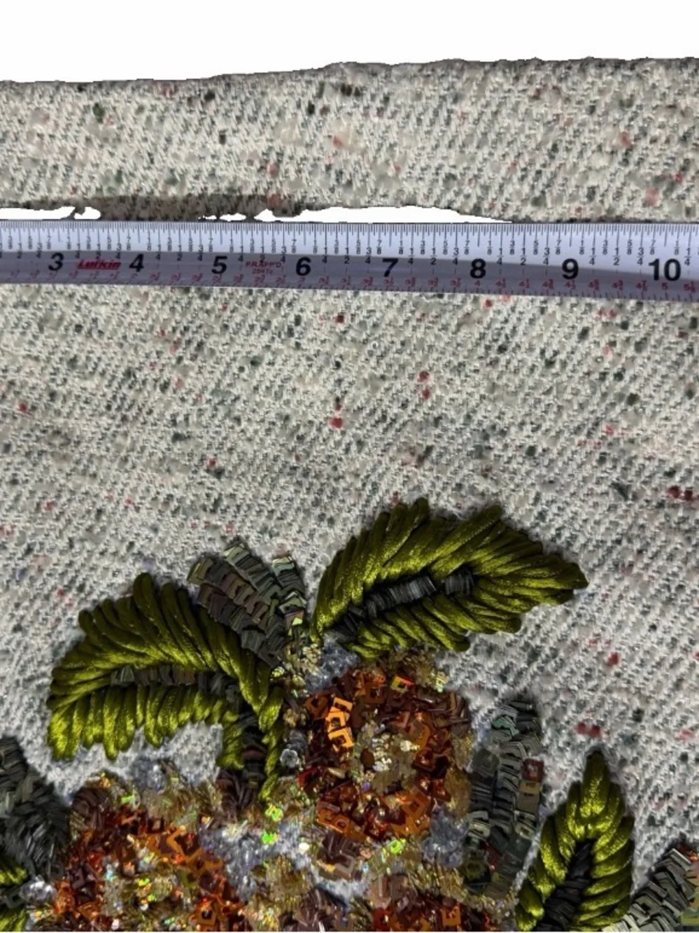 Vtg handmade Embellished Floral pillow cover in Ivory with Green Accents tweed
